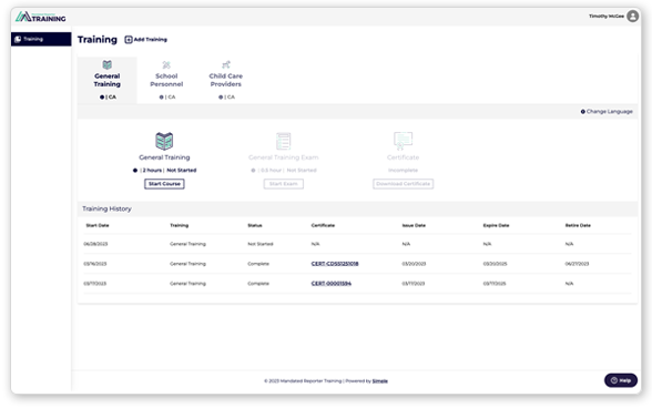 Image shows a logged-in view of the Mandated Reporter Training platform for a California user.