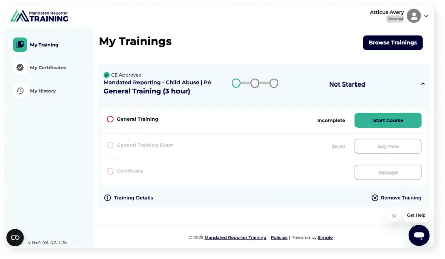Image shows a logged-in view of the Mandated Reporter Training platform for a California user.