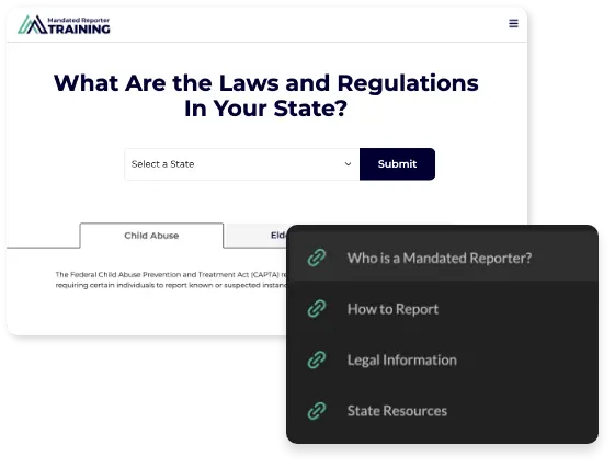 A screen shot of the resources available on MandatedReporterTraining.com.