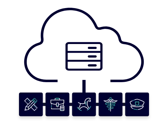 A dark blue stylized cloud above icons for 5 courses from MandatedReporterTraining.com.