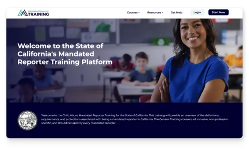 A screenshot featuring the top section of the California page on MandatedReporterTraining.com.
