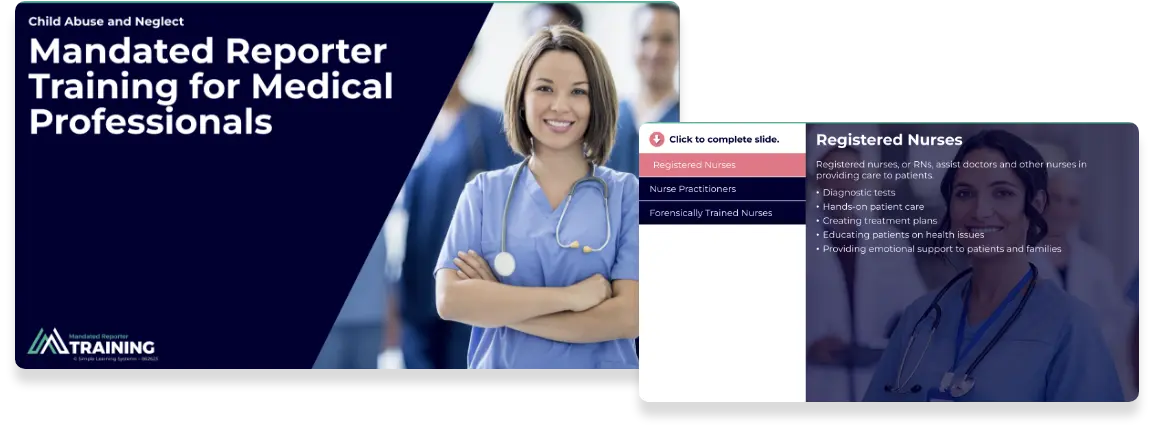Two courseware screenshots. Both include an image of a nurse and educational text.