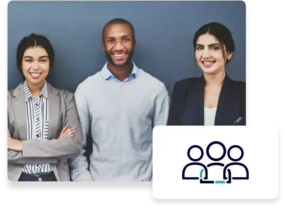 A stylized dark blue and teal icon of three people with an image of three professionals smiling.